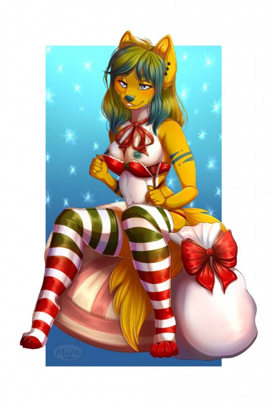 anthro blue_eyes breasts clothing female fur green_hair hair nipples solo tail yellow_body yellow_fur mifa rachel_(calithya) canid canine mammal 2017 digital_media_(artwork) hi_res