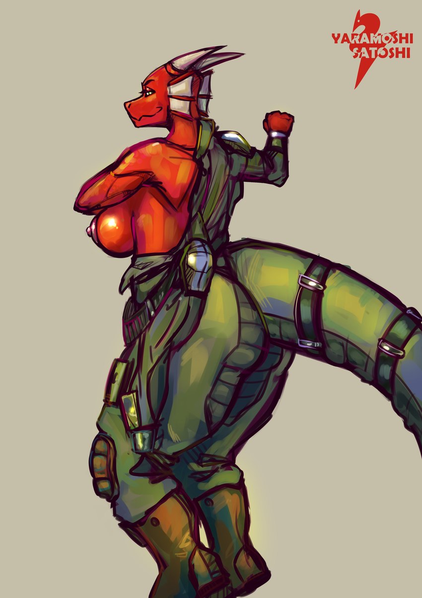 accessory anthro belt belt_buckle big_breasts big_butt bodysuit boots breasts buckle butt clothed clothing digitigrade female flight_suit footwear frill_(anatomy) furgonomics green_bodysuit green_clothing green_skinsuit half_naked horn jumpsuit looking_at_viewer nipples pilot pilot_suit putting_on_clothes raised_arm red_body red_scales scales shoes skinsuit smile smiling_at_viewer smirk smirking_at_viewer smug smug_face snout solo tail tail_accessory tail_belt tight_clothing yaramoshi_satoshi armored_core_(series) xil-bar lizard reptile scalie 2024 absurd_res digital_drawing_(artwork) digital_media_(artwork) digital_painting_(artwork) hi_res