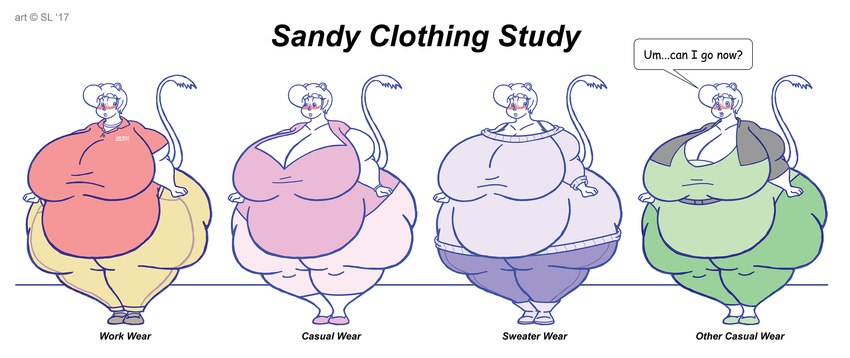 anthro belly big_belly big_breasts big_butt blush bottomwear bracelet breasts butt clothing copyright_symbol female footwear hair huge_breasts huge_thighs jewelry obese obese_anthro obese_female open_mouth overweight overweight_anthro overweight_female pants shirt shoes solo speech_bubble sweater symbol text thick_thighs topwear satsumalord sandy_(satsumalord) gerbil mammal murid rodent 2016 comic_sans digital_media_(artwork) english_text hi_res sketch