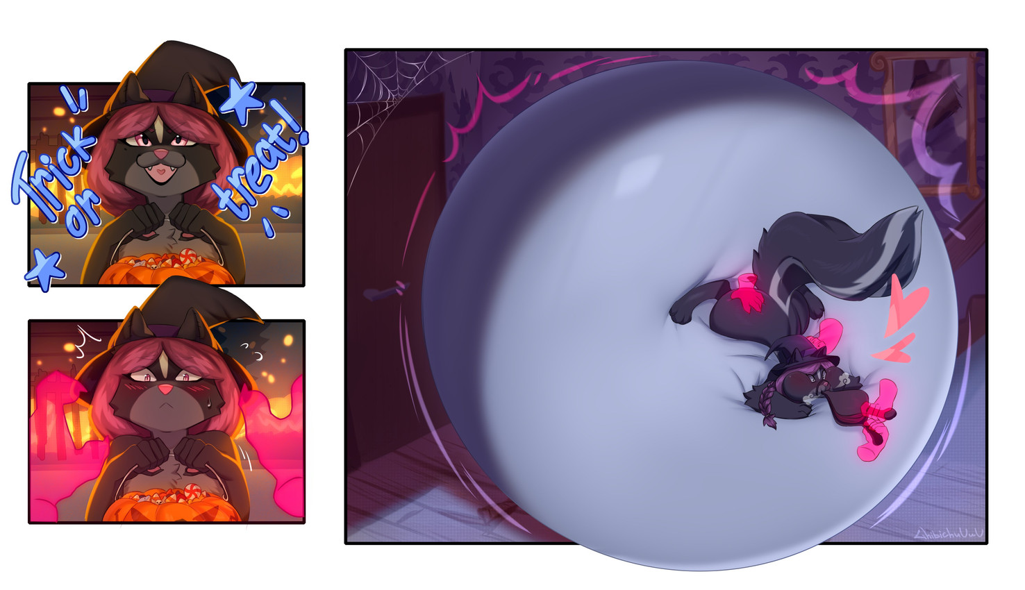 air_inflation anthro bellows black_border blue_text blush blush_lines border candy close_to_bursting dessert dialogue floating_hands food heart_symbol holidays hyper hyper_inflation inflation jack-o'-lantern motion_lines spider_web text trick-or-treating uwu white_border chibichuuwu halloween mammal mephitid skunk 2024 absurd_res artist_name hi_res sequence