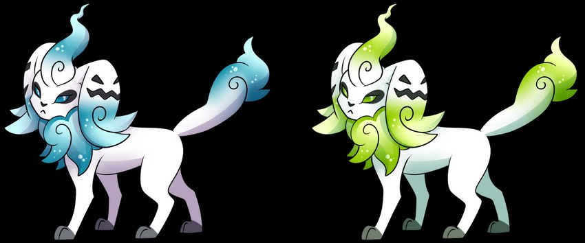 all_fours ambiguous_gender big_ears blue_body blue_eyes blue_fur blue_mane duo feral fluffy fluffy_tail fur green_body green_eyes green_fur green_mane mane multicolored_body multicolored_fur tail text two_tone_body two_tone_fur white_body white_fur eternity9 fakemon nintendo pokemon eeveelution fakeveelution pokemon_(species) 2023 alpha_channel english_text full-length_portrait hi_res portrait