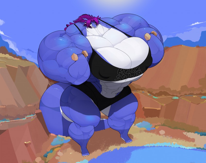 barbell big_breasts big_muscles breasts cleavage clothed clothing female huge_breasts huge_muscles hyper hyper_breasts hyper_muscles macro muscular muscular_female rock small_head solo tail tiny_head commoddity mythology amelia_cresci dragon mythological_creature mythological_scalie scalie absurd_res hi_res