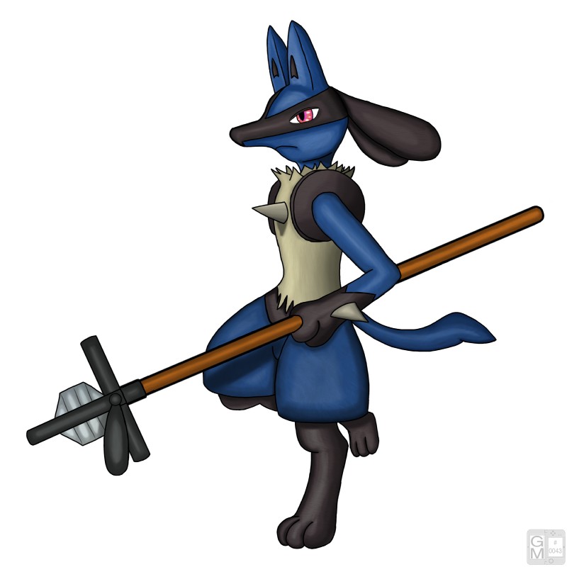 ambiguous_gender anthro black_body black_fur blue_body blue_fur crystal fur nude on_one_leg red_eyes simple_background solo staff standing tail white_background wood yellow_body yellow_fur gamemaniac final_fantasy nintendo pokemon square_enix canid canine generation_4_pokemon lucario mammal pokemon_(species) 1:1 2016 absurd_res crossover hi_res watermark