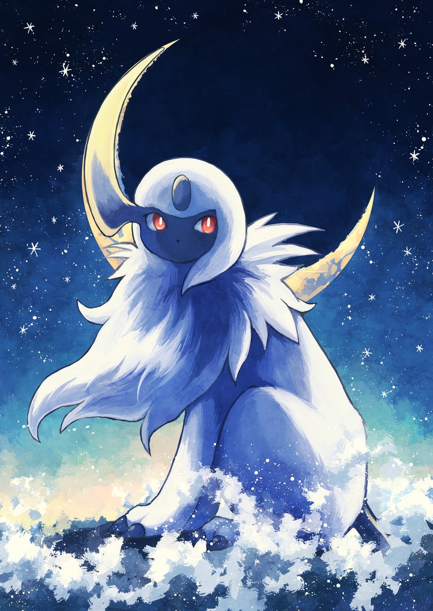 ambiguous_gender claws crescent_moon feral fur moon paws red_eyes sky solo star starry_sky tail white_body white_fur 7_phi_3 nintendo pokemon absol generation_3_pokemon pokemon_(species) 2024 absurd_res hi_res