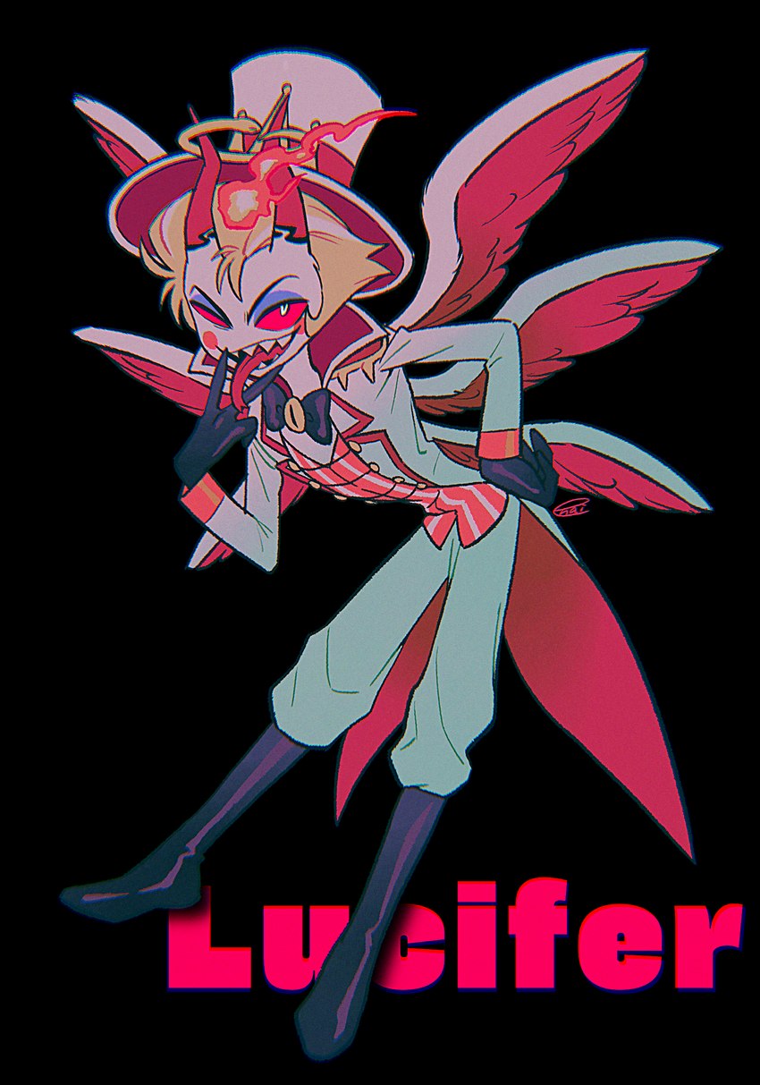 clothed clothing forked_tongue hat headgear headwear horn looking_at_viewer male multi_wing solo tongue tongue_out wings enaic31 hazbin_hotel lucifer_(hazbin_hotel) angel demon demon_humanoid fallen_angel humanoid absurd_res character_name hi_res