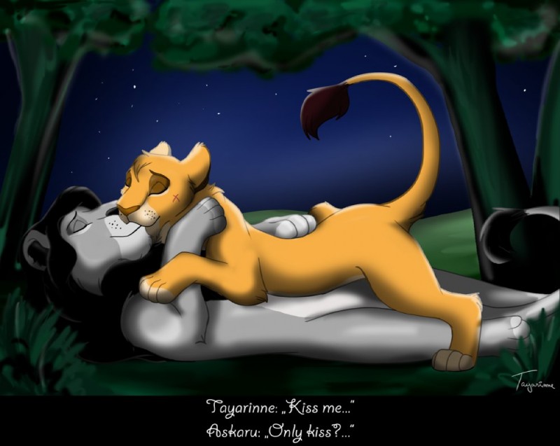 duo female feral kissing male night outside purring raised_tail romantic romantic_ambiance romantic_couple sky star starry_sky tail text tayarinne askaru taya felid lion mammal pantherine english_text