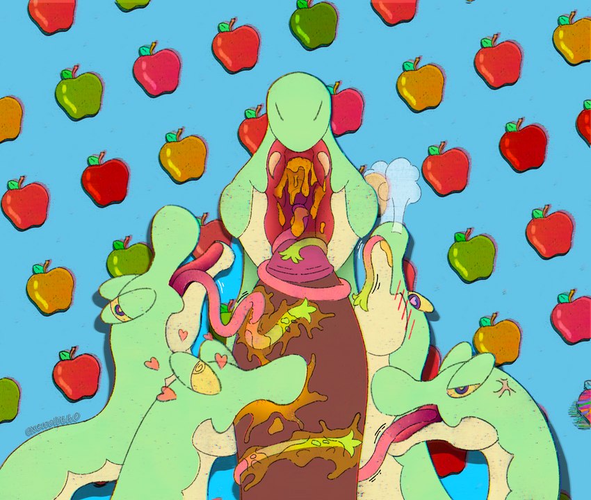 ambiguous_gender blush bodily_fluids emotional erection fellatio food genitals glitch group heart_symbol honey_(food) legless long_tongue looking_at_another looking_at_viewer male multi_head multicolored_body multicolored_tongue nude open_mouth oral penetration penile penis presenting saliva saliva_on_penis saliva_on_tongue saliva_string serpentine sex sharp_teeth simple_background smile steam_from_nostrils teeth text tongue tongue_out two_tone_tongue xenolith0 european_mythology greek_mythology mythology nintendo pokemon dragon generation_9_pokemon hydra hydrapple mythological_creature mythological_scalie pokemon_(species) reptile scalie snake western_dragon digital_media_(artwork) english_text hi_res