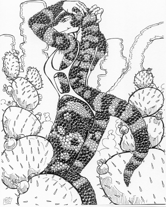 anthro big_breasts biped black_body black_scales breasts cactus clothing desert feet female grey_body grey_scales hands_above_head non-mammal_breasts one-piece_swimsuit outside plant pose scales side_view solo standing swimwear tail talons toes white_body white_scales oscar_marcus gila_monster helodermatid lizard reptile scalie 1996 black_and_white greyscale monochrome pinup