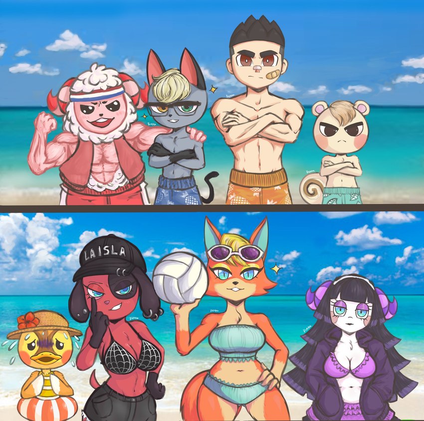 anthro bandage beach bikini breasts clothing crossed_arms ear_piercing ear_ring female flexing group hand_on_hip hand_on_shoulder hat headgear headwear heterochromia male muscular muscular_male piercing ring_piercing seaside smile sport swimming_trunks swimwear text text_on_clothing text_on_hat text_on_headwear two-piece_swimsuit volleyball worried gammainks animal_crossing nintendo audie_(animal_crossing) cherry_(animal_crossing) dom_(animal_crossing) marshal_(animal_crossing) molly_(animal_crossing) muffy_(animal_crossing) raymond_(animal_crossing) villager_(animal_crossing) anatid anseriform avian bird bovid canid canine canis caprine domestic_cat domestic_dog duck felid feline felis human mammal rodent sciurid sheep tree_squirrel wolf hi_res