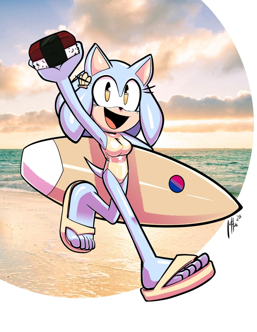 5_toes beach bisexual_pride_colors clothing feet female food footwear humanoid_feet lgbt_pride meat narrow_hips one-piece_swimsuit plantigrade pride_color_sticker pride_colors sandals seaside shoes sticker surfboard sushi swimwear thin_calves thin_legs thin_thighs toes lettuce_(artist) sega sonic_the_hedgehog_(series) fan_character honeydew_(lettuce) eulipotyphlan hedgehog mammal 2023 absurd_res hi_res