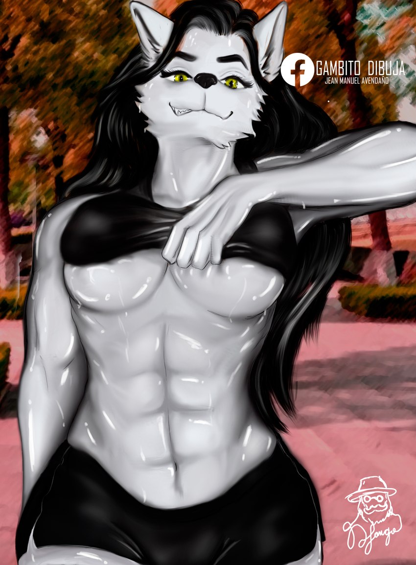 anthro athletic black_hair female hair muscular muscular_female solo yellow_eyes jeancito93jean canid canine canis mammal wolf absurd_res hi_res