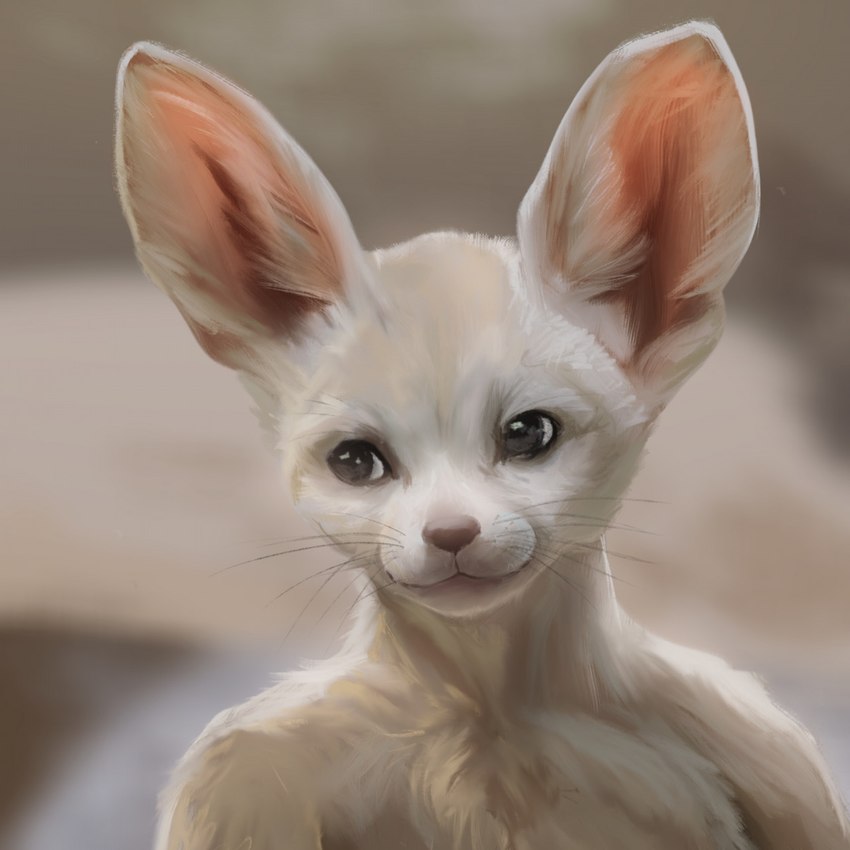 anthro black_eyes desert fur half_naked male smile solo white_body white_fur stampmats canid canine fennec_fox fox mammal true_fox 1:1 hi_res