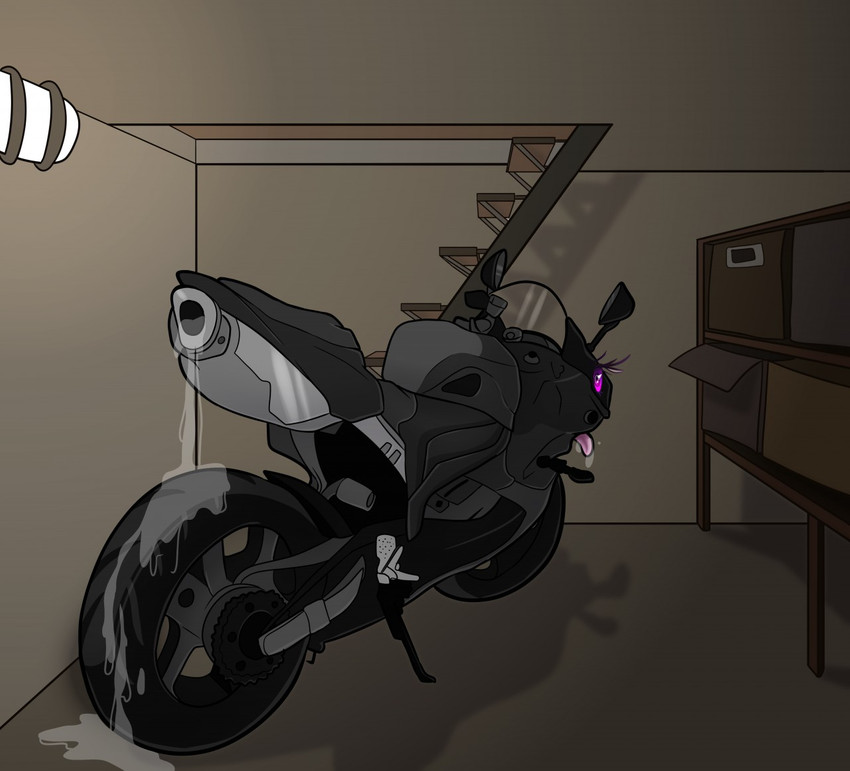 ambiguous_fluids ambiguous_gender bodily_fluids dripping eyelashes female genital_fluids leaking looking_at_viewer machine motorcycle not_furry purple_eyes rear_view solo tailpipe tongue tongue_out vehicle domidonga honda animate_inanimate dire_machine living_machine