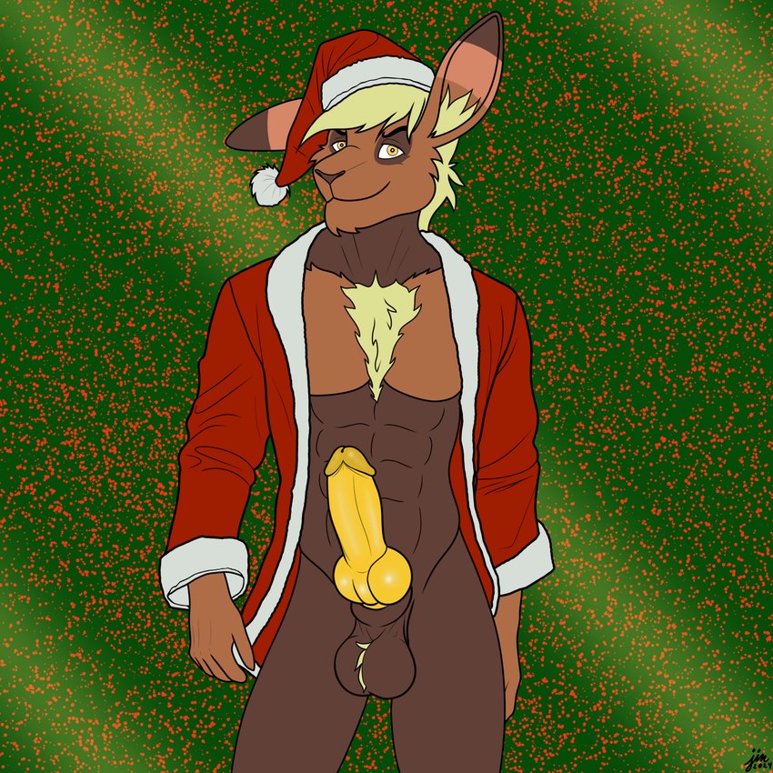 anthro blonde_hair brown_body christmas_clothing clothing genitals hair holidays humanoid_genitalia humanoid_penis hybrid_genitalia hybrid_penis knot knotted_humanoid_penis knotted_penis male muscular penis solo yellow_eyes yellow_penis derjinzo christmas ch0c0hare hare lagomorph leporid mammal werecreature 1:1 hi_res