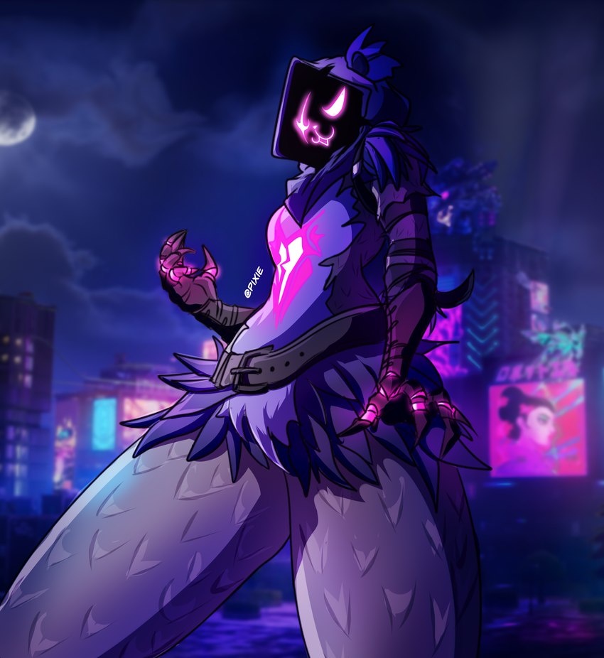 anthro armor billboard clawed_gauntlets clothing dark_body dark_fur detailed_background eye_scar facial_scar female fur gauntlets gloves glowing glowing_eyes handwear heart_(marking) hood markings neon_lights night outside purple_body purple_fur scar shadow_face solo text urban catedging epic_games fortnite raven_team_leader bear mammal absurd_res artist_name hi_res portrait three-quarter_portrait