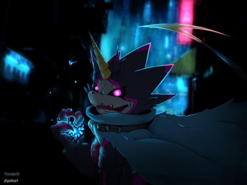 anthro belt black_body black_sclera blue_fire cape claws clothing colored_fire fire glowing glowing_eyes horn male solo gekkart bandai_namco digimon digimon_ghost_game digimon_(species) gulusgammamon 4:3 absurd_res hi_res