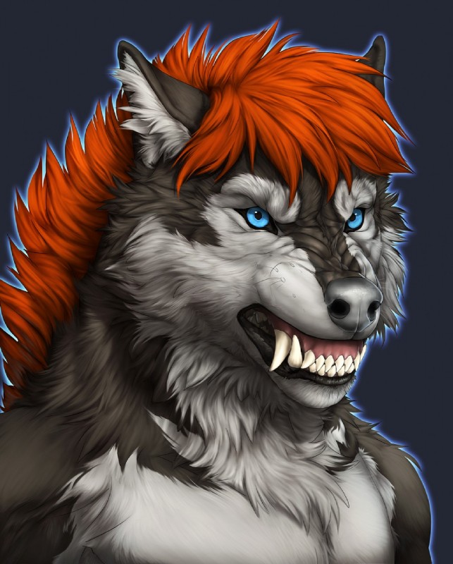 angry anthro bearing_fangs black_lips blue_background blue_eyes fangs front_view fur grey_body grey_fur grey_nose hair inner_ear_fluff lips looking_at_viewer male multicolored_body multicolored_fur orange_hair simple_background snarling snout solo teeth tuft two_tone_body two_tone_fur white_body white_fur felfi rogueliger storm_(stormwx_wolf) canid canine canis mammal wolf 2016 artist_collaboration bust_portrait digital_media_(artwork) hi_res portrait reaction_image