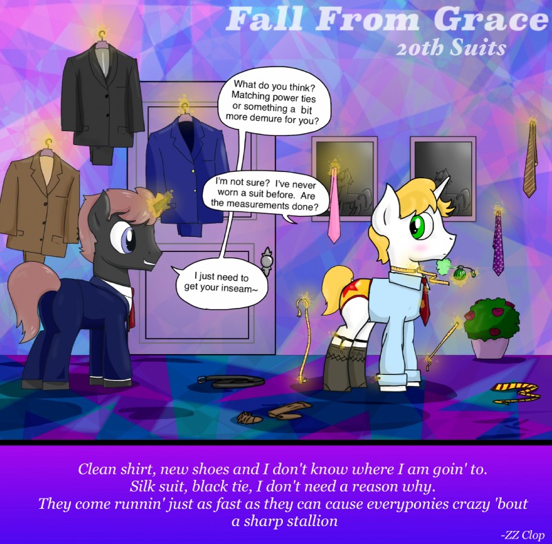 clothed clothing cologne dialogue duo fall_from_grace feral fully_clothed male male/male suit text underwear killian_joy friendship_is_magic hasbro my_little_pony equid mammal english_text hi_res