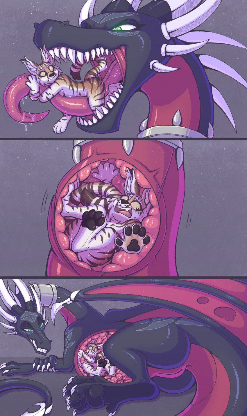 5_fingers 5_toes anthro anthro_prey anus back_wings biped black_body black_ears black_fur black_nose black_pawpads black_scales black_stripes black_tail black_wings bodily_fluids brown_ears brown_eyes claws collar digitigrade duo eyebrows eyelashes feet female female_feral female_pred feral feral_pred fingerpads fingers fully_inside fur genitals glowing glowing_eyes green_eyes grey_collar grin head_turned horn in_throat inner_ear_fluff inside_stomach larger_female larger_feral larger_pred looking_aside looking_back lying male male_anthro male_prey markings membrane_(anatomy) membranous_wings multicolored_body multicolored_ears multicolored_fur multicolored_scales multicolored_tail neck_bulge nude nude_anthro nude_male on_side on_tongue open_mouth oral_vore organs pawpads pink_tongue pupils purple_body purple_membrane purple_scales purple_tail purple_wings saliva saliva_on_tongue scales sharp_teeth sitting size_difference slit_pupils smaller_anthro smile snout stomach striped_body striped_fur striped_markings striped_tail stripes tail tail_anus tail_markings tan_body tan_fur tan_tail tapering_tail teeth toe_claws toes tongue tongue_out tuft two_tone_body two_tone_scales two_tone_tail two_tone_wings vore vulva white_body white_claws white_ears white_eyebrows white_fur white_horn white_inner_ear_fluff white_tail wide_eyed wings x-ray_view yellow_sclera bluestripedrenulian activision european_mythology mythology spyro_the_dragon cynder dragon felid feline lynx mammal mythological_creature mythological_scalie scalie western_dragon 2026 absurd_res comic hi_res sequence