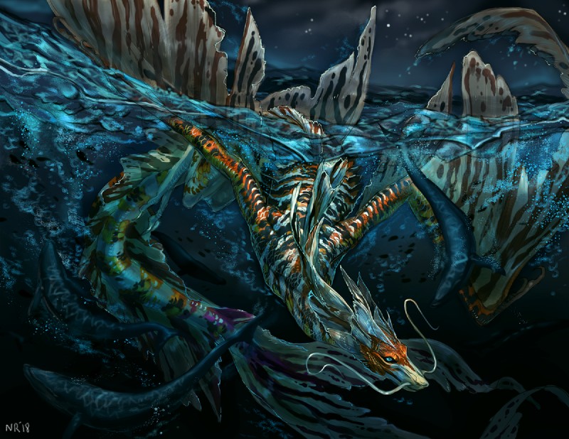 ambiguous_gender feral fin night outside solo swimming water nukerooster mythology aquatic_dragon cetacean dragon mammal marine mythological_creature mythological_scalie scalie 2018 digital_media_(artwork)