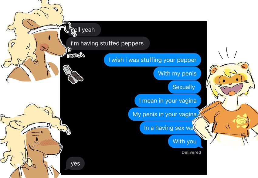 anthro blonde_hair brown_body clothing crop_top duo female hair shirt tank_top text texting texting_ui topwear yellow_body kint li_(kint) sterling_(kint) domestic_ferret equid equine horse mammal mustelid musteline true_musteline weasel english_text meme nonbinary_(lore)