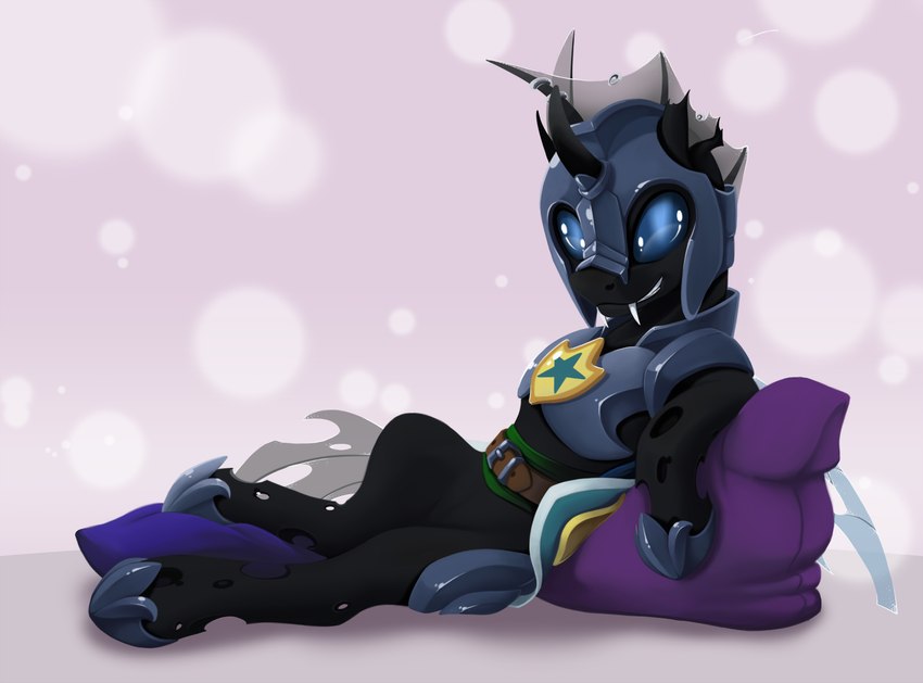 armor black_body black_skin blue_eyes bottomless clothed clothing fangs feral hole_(anatomy) horn horseshoe looking_at_viewer lying male pillow pose quadruped reclining smile solo teeth ashley-arctic-fox friendship_is_magic hasbro my_little_pony evening_breeze fan_character arthropod changeling 2017 hi_res pinup