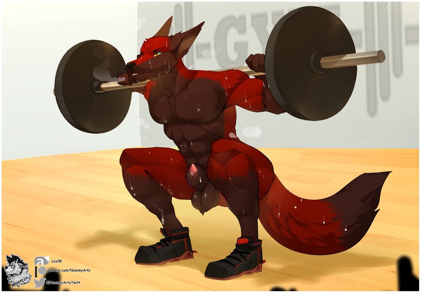 animal_genitalia anthro balls barbell barbell_squats bodily_fluids exercise genitals male muscular muscular_anthro muscular_male nude nude_workout penis sheath solo squats sweat sweaty_balls sweaty_genitalia sweaty_penis weightlifting workout nozomyarts blaze_wolf canid canine canis mammal wolf hi_res