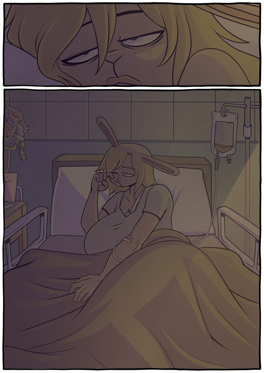 5_fingers anthro bed bedding big_breasts blanket breasts clothed clothing eyebrows female fingers furniture hair iv_bag on_bed pillow solo cerealharem pork_(cerealharem) lagomorph leporid mammal rabbit absurd_res comic hi_res gynomorph_(lore)