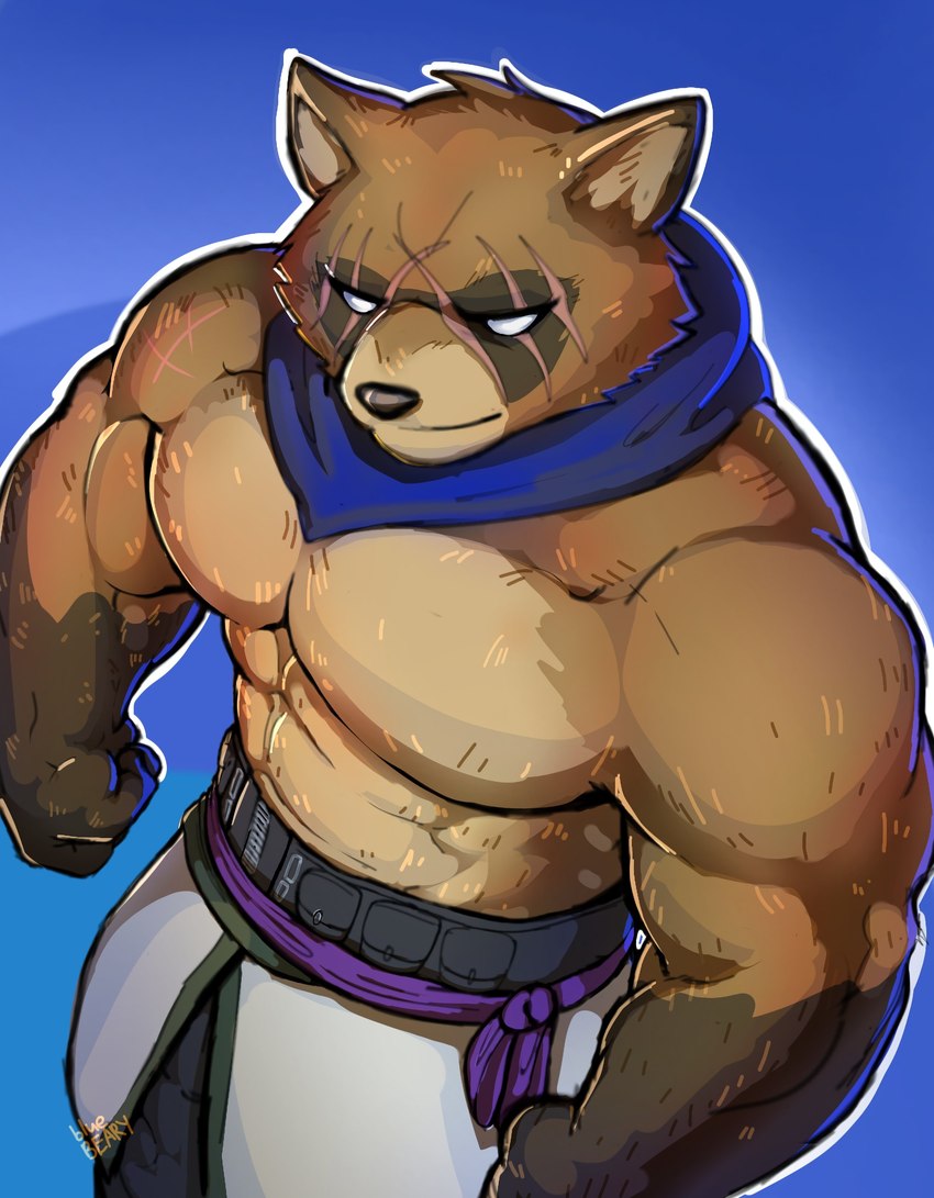 abs anthro biceps black_nose blind clothed clothing disability eye_scar facial_scar male muscular muscular_anthro muscular_male pecs scar shirtless solo x_scar bluebeary epic_games fortnite hajime_(fortnite) canid canine mammal raccoon_dog tanuki 2025 absurd_res colored hi_res signature