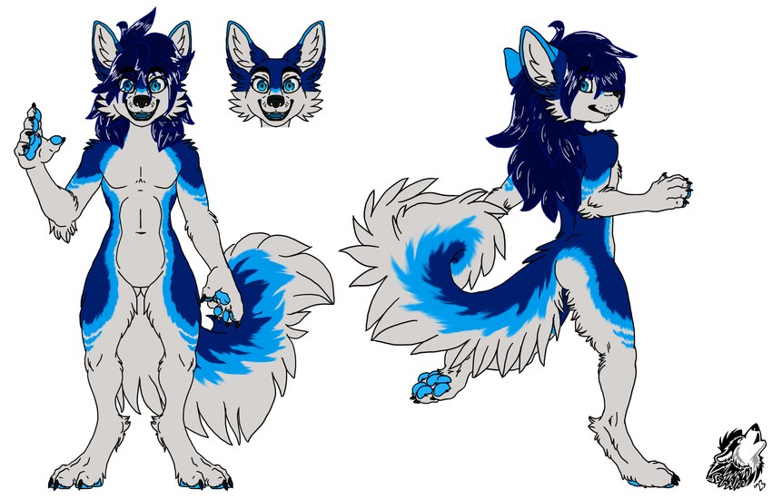 ambiguous_gender anthro big_ears big_tail biped blue_body blue_eyes blue_fur blue_hair curled curled_tail feminine fluffy fluffy_tail fur hair long_hair long_tail looking_at_viewer paws pose simple_background solo tail white_background codestrike strike canid canine canis domestic_dog fennec_fox fox husky hybrid mammal nordic_sled_dog spitz true_fox 2023 absurd_res hi_res model_sheet