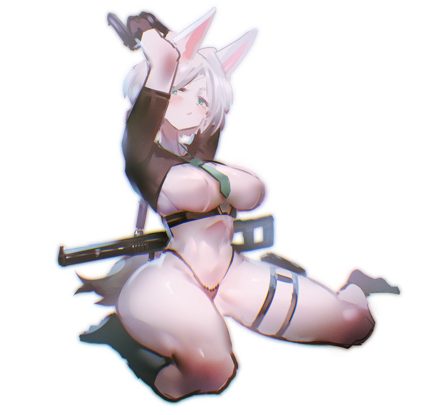 anthro big_breasts biped blush breasts clothing female footwear fur green_eyes gun hair holding_object holding_weapon kemono necktie nipple_outline panties raised_arm ranged_weapon simple_background socks solo underwear vss_vintorez weapon white_background white_body white_fur white_hair utterangle white_fox_(utterangle) canid canine fox mammal hi_res