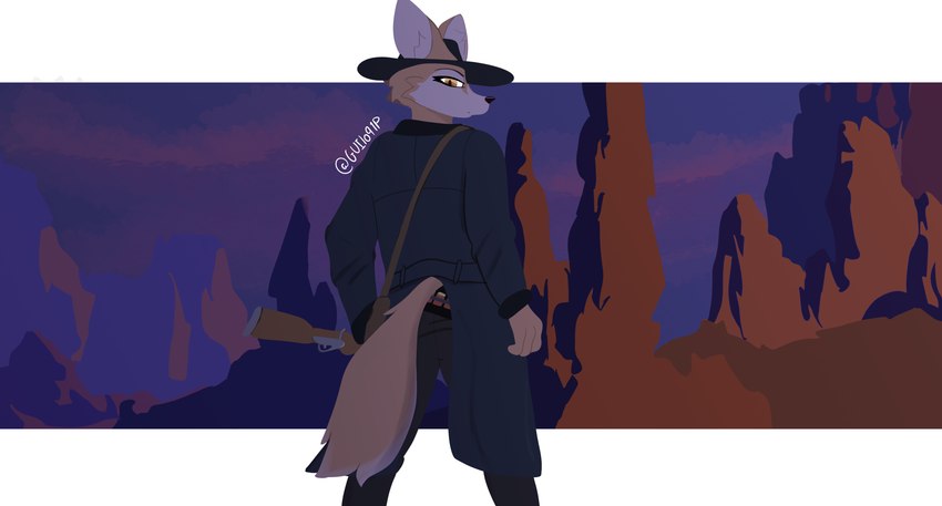 ammunition anthro brown_eyes clothing fluffy gun hands_on_hips hat headgear headwear jacket male ranged_weapon rear_view serious_face solo topwear weapon western guilo91p background_character canid canine fennec_fox fox mammal true_fox hi_res