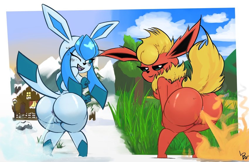 anthro anus butt duo fart fart_fetish farting_together female female_farting fire fire_fart genitals grass ice nude one_eye_closed outside plant pussy rear_view snow lewdpunch nintendo pokemon eeveelution flareon generation_1_pokemon generation_4_pokemon glaceon pokemon_(species) 2021