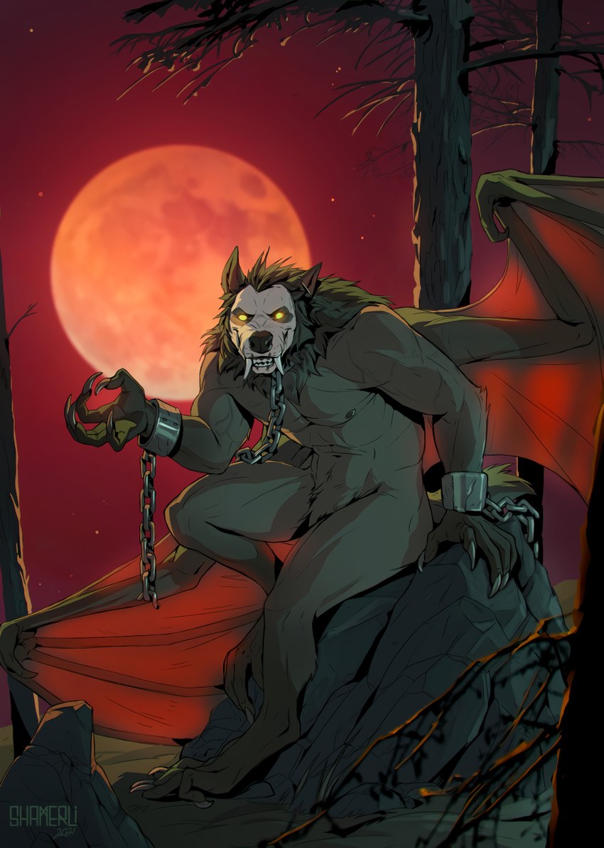 anthro athletic bat_wings black_ears black_nose blood_moon bodypaint boulder chain claws crotch_tuft detailed_background digitigrade face_paint fangs forest full_moon glowing glowing_eyes grin leash looking_at_viewer male membrane_(anatomy) membranous_wings moon night nude plant pubes red_background rock simple_background sitting smile solo spread_wings teeth tree tuft unchained wings yellow_eyes shamerli mythology jb_(dukedom) bat canid canine hybrid mammal monster mythological_canine mythological_creature werecanid werecanine werecreature werewolf hi_res watermark