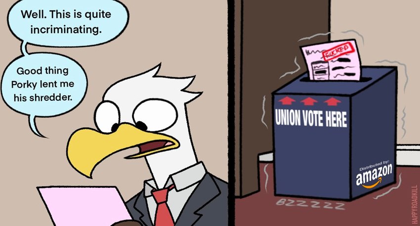 anthro ballot beak clothed clothing dialogue feathers machine male paper_shredder political_cartoon politics shredder_(machine) solo sound_effects speech_bubble suit text topwear happyroadkill amazon_(company) eric_eagle accipitrid accipitriform avian bald_eagle bird eagle sea_eagle 2021 artist_name comic digital_media_(artwork) english_text