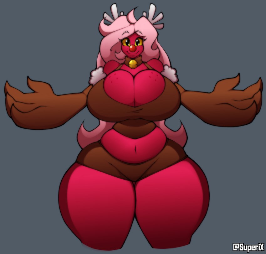 antlers bell belly big_breasts big_hands breasts clothing collar costume crop_top curvy_figure eyelashes female fingers freckled_breasts freckles gloves grey_background hair handwear holidays horn huge_breasts looking_at_viewer midriff navel not_furry pink_hair red_body red_nose red_skin shirt simple_background simple_eyes slightly_chubby solo spread_arms thick_thighs topwear voluptuous wide_hips yellow_sclera superix christmas kyoob_(thegentlebro) rudolph_the_red-nosed_reindeer humanoid mimic 2018 absurd_res artist_name digital_media_(artwork) hi_res