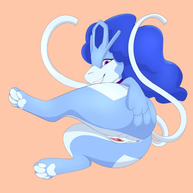 anus butt female feral genitals grin pink_eyes presenting pussy simple_background smile solo nauticalcanine nintendo pokemon lapis_the_suicune generation_2_pokemon legendary_pokemon pokemon_(species) shiny_pokemon suicune 1:1 hi_res