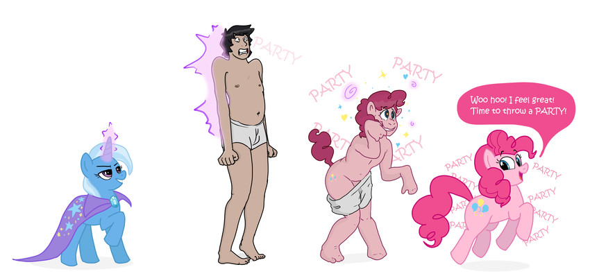 brainwashing clothing cutie_mark dialogue duo female feral fused_fingers fused_toes gender_transformation growth hair hooves horn human_to_feral magic male mtf_transformation navel nipples pink_body pink_hair shrinking size_transformation smile species_transformation speech_bubble tail tail_growth talking_to_self text tf_into_fictional_character transformation underwear prurientpie friendship_is_magic hasbro my_little_pony mythology pinkie_pie_(mlp) trixie_(mlp) earth_pony equid equine horse human mammal mythological_creature mythological_equine pony unicorn absurd_res english_text hi_res sequence