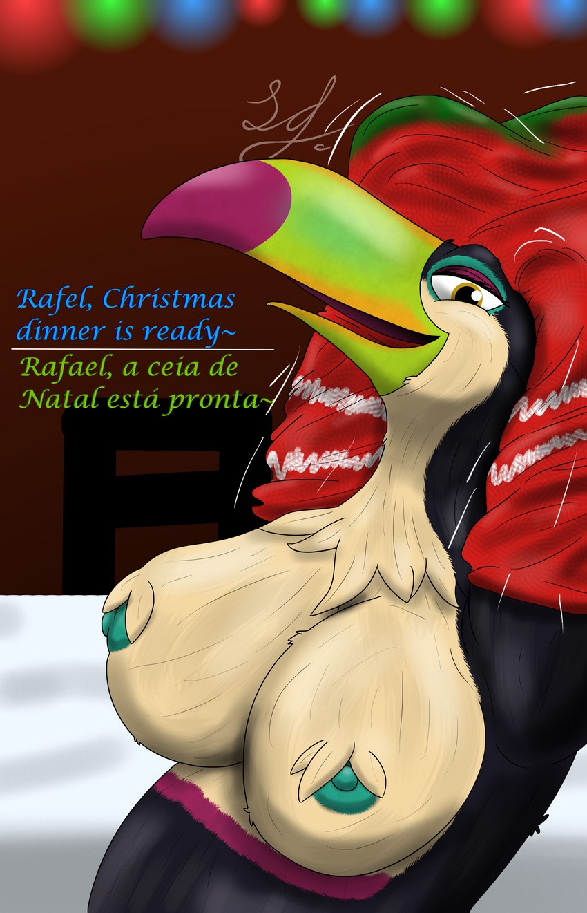 anthro beak big_breasts black_body breasts clothed clothing clothing_lift female green_beak long_beak looking_at_viewer nipples raised_clothing raised_sweater raised_topwear solo sweater sweater_lift text topwear undressing lindwormduality blue_sky_studios rio_(series) eva_(rio) rafael_(rio) avian bird humanoid keel-billed_toucan ramphastos toucan absurd_res english_text hi_res