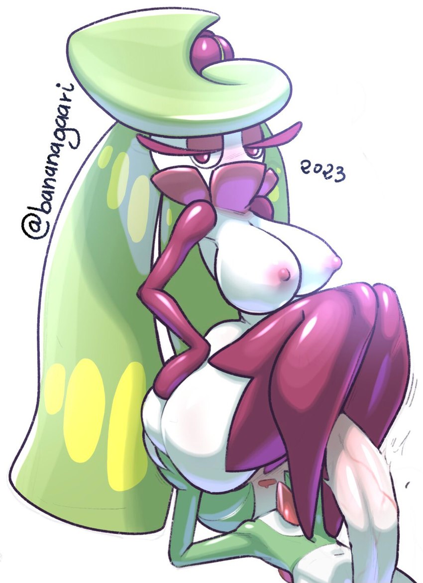 areola big_breasts big_penis blush breasts duo facesitting female genitals looking_at_viewer male male/female nipples not_furry nude open_mouth penis pink_areola pink_nipples purple_eyes sitting_on_another white_body bananagaari nintendo pokemon gardevoir generation_3_pokemon generation_7_pokemon humanoid pokemon_(species) tsareena hi_res