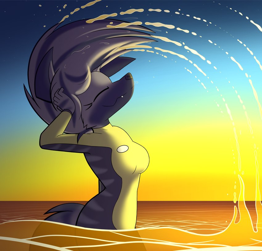 anthro clothed clothing female fibonacci_spiral fur golden_ratio hair_flip outside seaside sky smile solo stripes sunset swimwear water wetsuit w0lfmare bloodline bloodline_(webcomic) vivian_(bloodline) hyena mammal hi_res