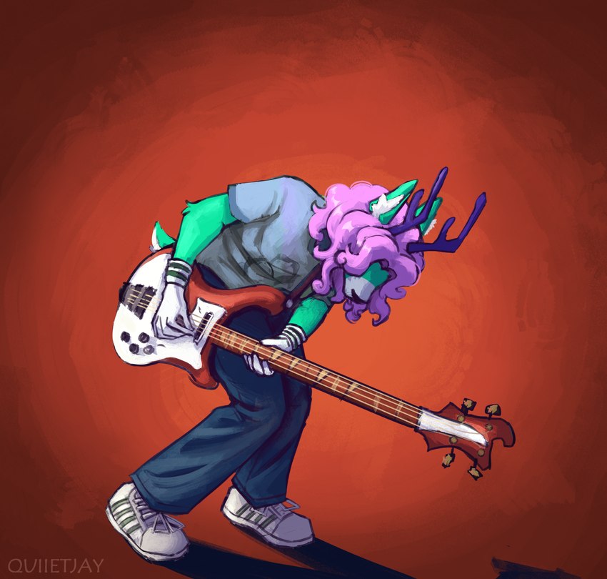 anthro antlers bass_guitar blue_bottomwear blue_clothing blue_pants bottomwear clothing denim denim_bottomwear denim_clothing electric_guitar female footwear fur grey_clothing grey_shirt grey_t-shirt grey_topwear guitar hair horn jeans musical_instrument pants pink_hair plucked_string_instrument pose purple_antlers shirt shoes solo string_instrument t-shirt teal_body teal_fur topwear wavy_hair white_sneakers wristband quiietjay rickenbacker_(company) rickenbacker_bass scott_pilgrim_(series) beck melonie_(melon_sweet_doe) scott_pilgrim deer mammal absurd_res album_cover cover hi_res painting_(artwork)