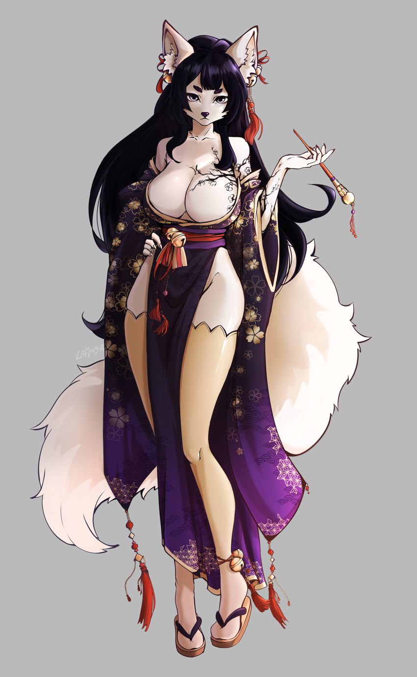 anthro asian_clothing bell big_breasts breasts clothing east_asian_clothing female footwear geisha japanese japanese_clothing keikogi kimono martial_arts_uniform obi sandals shoes solo sportswear thread tobacco laffisa canid canine domestic_cat felid feline felis fox mammal absurd_res hi_res