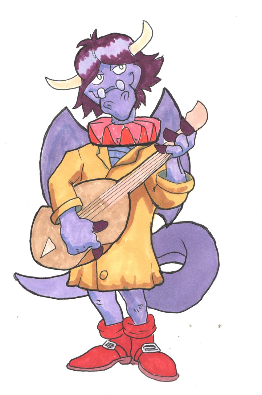 4_fingers anthro biped boots clothed clothing eyewear fingers footwear front_view hair horn lute male musical_instrument plucked_string_instrument purple_body purple_skin purple_tail red_boots red_clothing red_footwear shoes simple_background smile solo standing string_instrument tail white_background wings cobaltcerberus blazing_dragons mythology the_wandering_minstrel dragon mythological_creature mythological_scalie scalie 2021 full-length_portrait hi_res portrait