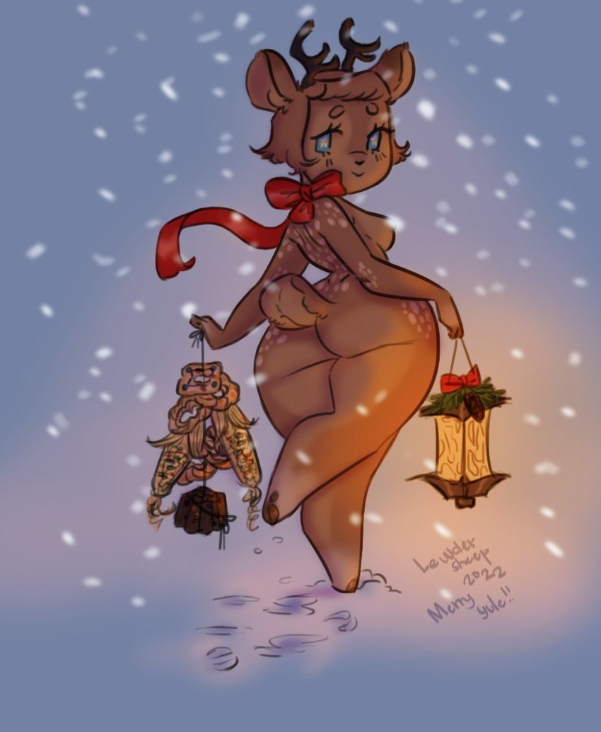 anthro antlers big_butt blue_eyes bow_ribbon breasts brown_body brown_fur brown_hair butt convenient_censorship decoration female fur hair holding_object horn lamp lantern legs_up nude simple_background smile snow snowing solo tail text winter lewdersheep deer mammal 2022 english_description english_text