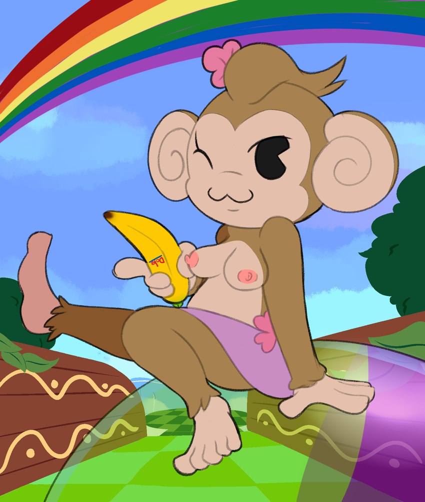 anthro areola banana barefoot breasts brown_body brown_fur clothed clothing day feet female fingers food fruit fur looking_at_viewer nipples one_eye_closed plant rainbow sitting smile solo toes topless wink dose super_monkey_ball meemee haplorhine mammal monkey primate 2023 hi_res