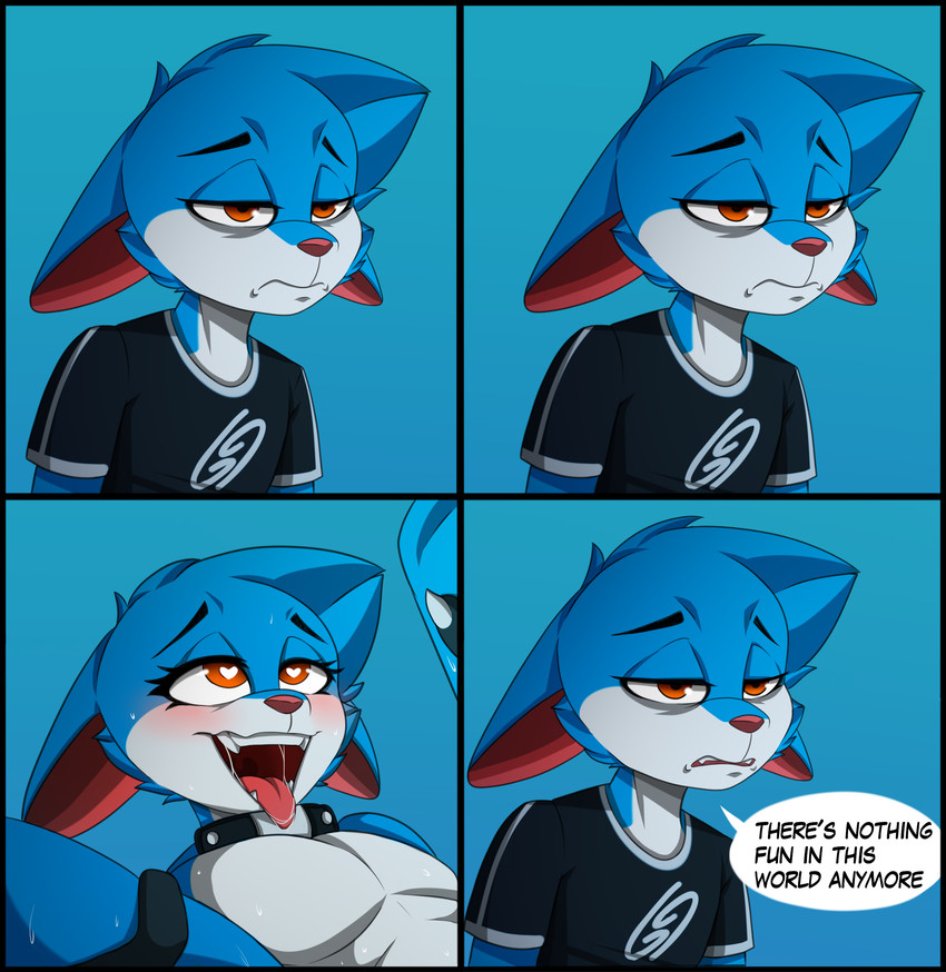 4_panel_comic ahegao anthro black_clothing black_shirt black_topwear blue_body blue_fur blush bodily_fluids clothing collar countershading depression dialogue femboy fur heart_eyes heart_symbol humor looking_pleasured male offscreen_character open_mouth pupils red_eyes saliva saliva_string sex shirt simple_background solo speech_bubble sweat symbol-shaped_pupils t-shirt text tongue tongue_out topwear unusual_pupils white_body white_fur jay-r jay-r_(character) canid canine domestic_cat felid feline felis fox mammal absurd_res comic english_text hi_res