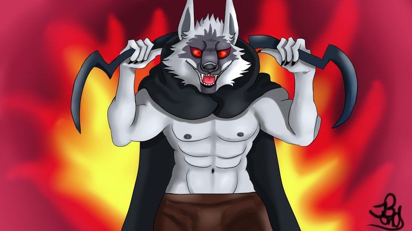 abs anthro biceps bottomwear cape cheek_tuft cloak clothing dual_wielding facial_markings facial_tuft fangs fire fire_background fur fuzzy head_markings holding_object holding_weapon looking_at_viewer male markings mask_(marking) muscular muscular_anthro muscular_male narrowed_eyes navel nipples open_mouth pants raised_arms red_eyes sickle smile solo standing teeth teeth_showing tuft weapon white_body white_fur jbond dreamworks puss_in_boots_(franchise) death_(puss_in_boots) canid canine canis mammal wolf 16:9 hi_res widescreen