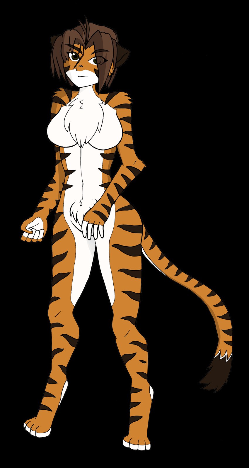 anthro breasts brown_hair chest_tuft digitigrade eye_through_hair facial_scar featureless_breasts female fur hair looking_at_viewer nude scar simple_background solo stripes tail translucent translucent_hair tuft don'tcare4u twokinds sasha_riva_(character) felid keidran mammal pantherine tiger absurd_res alpha_channel hi_res