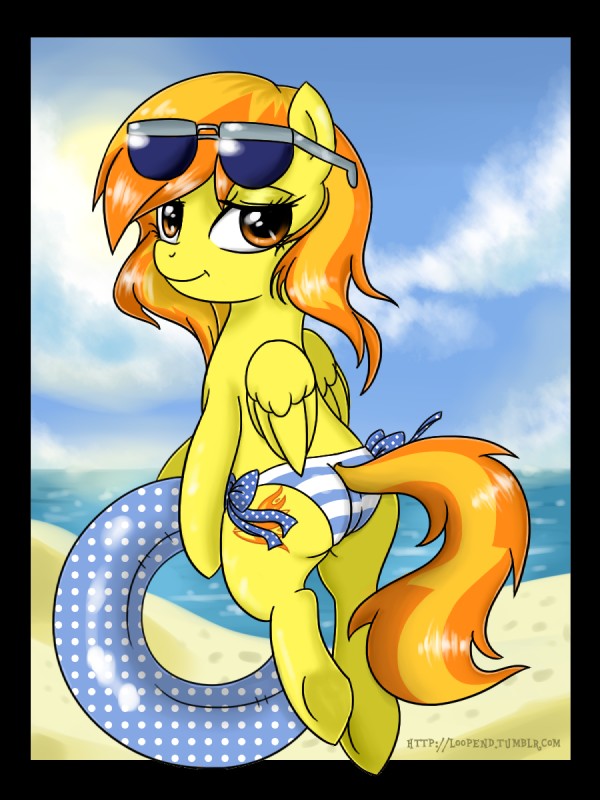 amber_eyes beach butt cloud cutie_mark eyewear feathered_wings feathers female feral fur hair looking_at_viewer multicolored_hair orange_hair outside seaside sky smile solo sunglasses two_tone_hair wings yellow_body yellow_feathers yellow_fur loopend friendship_is_magic hasbro my_little_pony mythology spitfire_(mlp) wonderbolts_(mlp) equid equine mammal mythological_creature mythological_equine pegasus 2013 3:4 alpha_channel hi_res